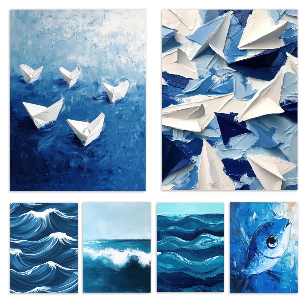 Nautical themed wall art, ocean waves and ships, abstract art, marine style blue poster wall art home decor