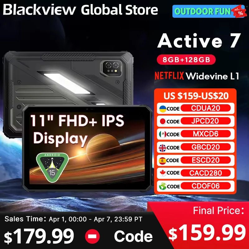 

Blackview Active 7 RuggedTablet 11-inch FHD+ Display Octa-core Android IP68&IP69K 10000mAh 45W Charger Outdoor Pad PC