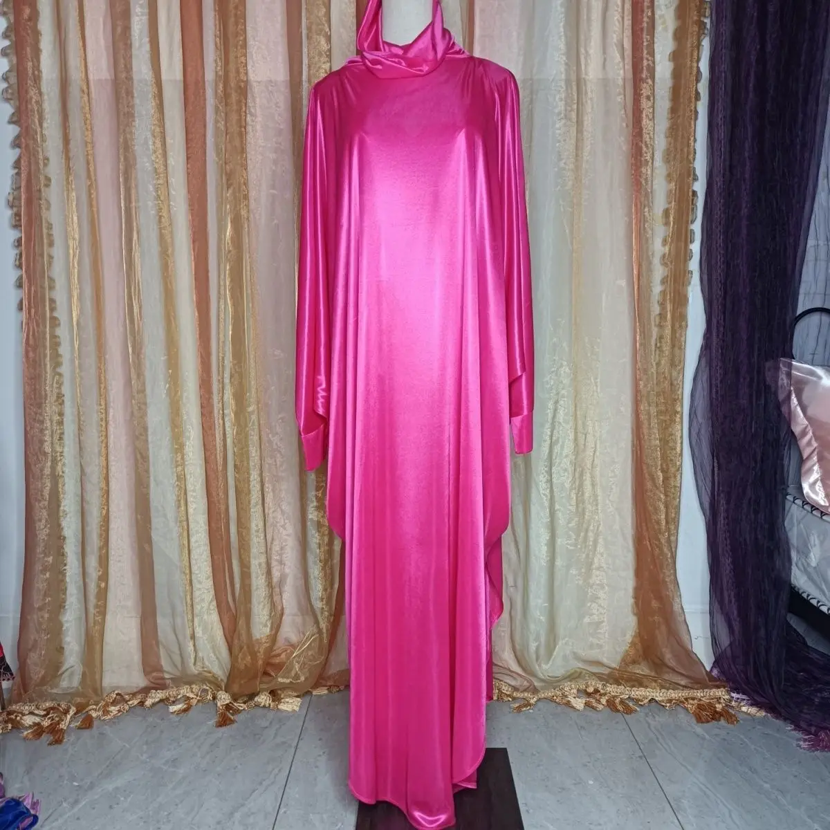 Glossy Hoodie Sexy Women Satin Long Dress Batwing Sleeve Loose Night Dress Plus Size Sleeping Robe