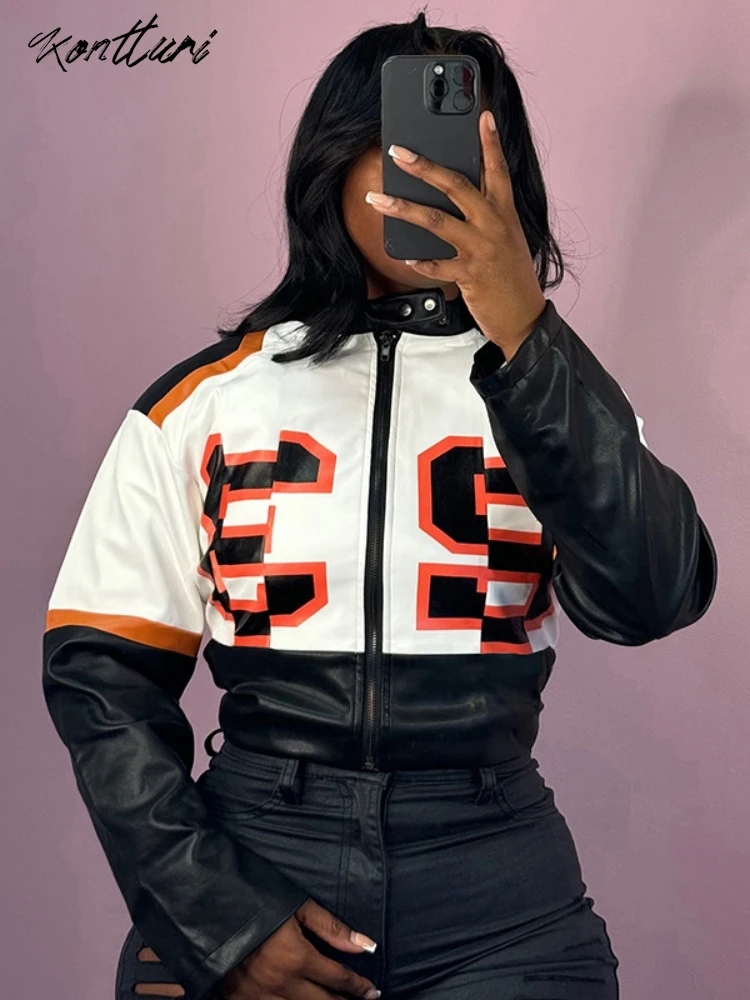 Kontturi Winter Print Racing Pu Leather Jacket Women O Neck Long Sleeve Zipper Coat Streetwear White Cropped Jackets Female