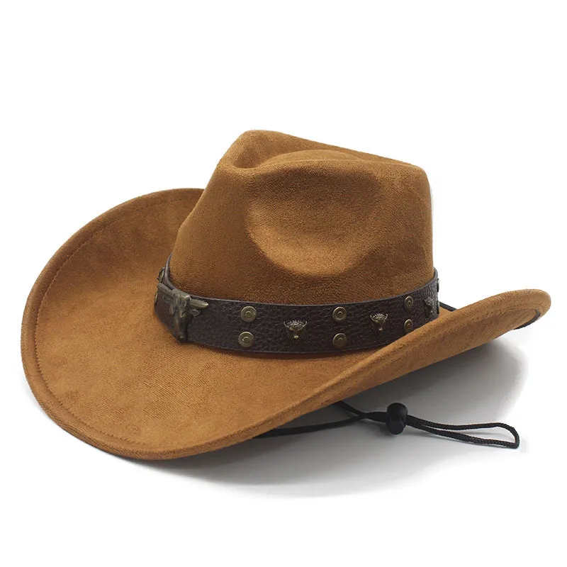 Hot Selling European and American Style Cowhide Belt Buckle Wide Brim Cowboy Hat Outdoor Warm Sunshade Suede Fedora