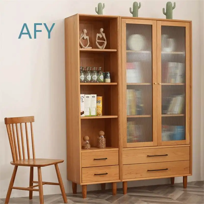 Nordic Solid Wood Bookcase for Cherry Wood Glass Door Bookshelf for White Oak Modern Home Living Room Floor Standing Book