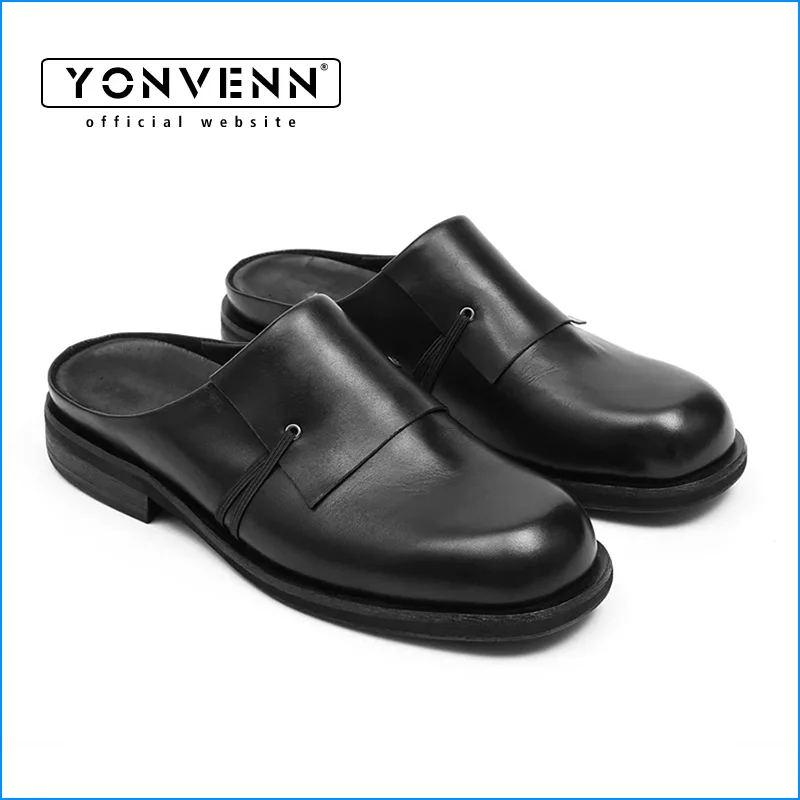 Sliding in Muller shoes with three-dimensional cutting and splicing cowhide slippers men's vintage style casual leather shoes