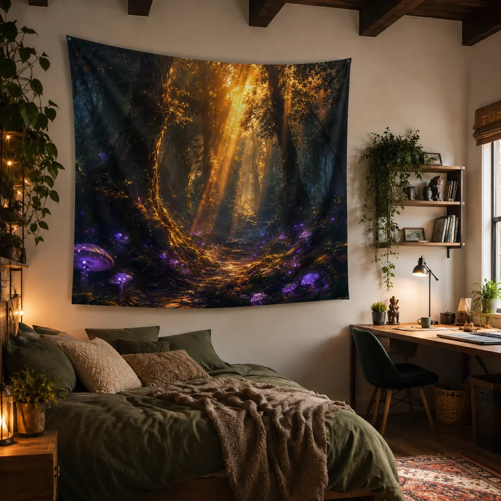 Enchanted Forest Tree Tapestry, Nature Sunlight Wall Decor for Living Room Bedroom Boho Home