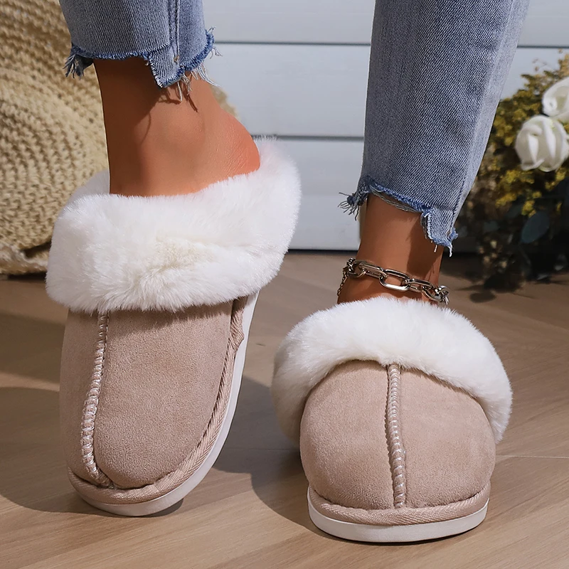 2023 Winter Warm Fur Indoor Home Slippers Women Faux Suede Closed Toe Couple Slippers Woman Comfort Soft Sole House Shoes Slides