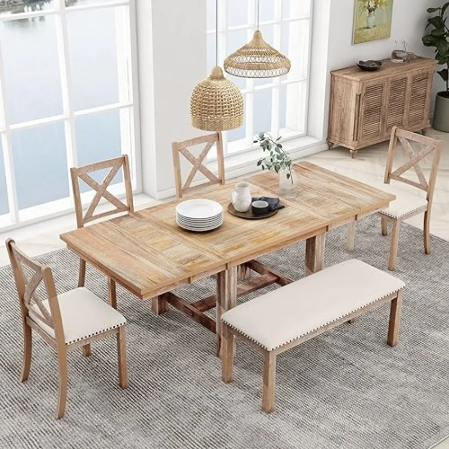 

Farmhouse Wooden Dining Set of 6, 82 inch Extendable KitchenTable, 4 Chairs with Backrest, 2-Person Bench with Cushion, Natural