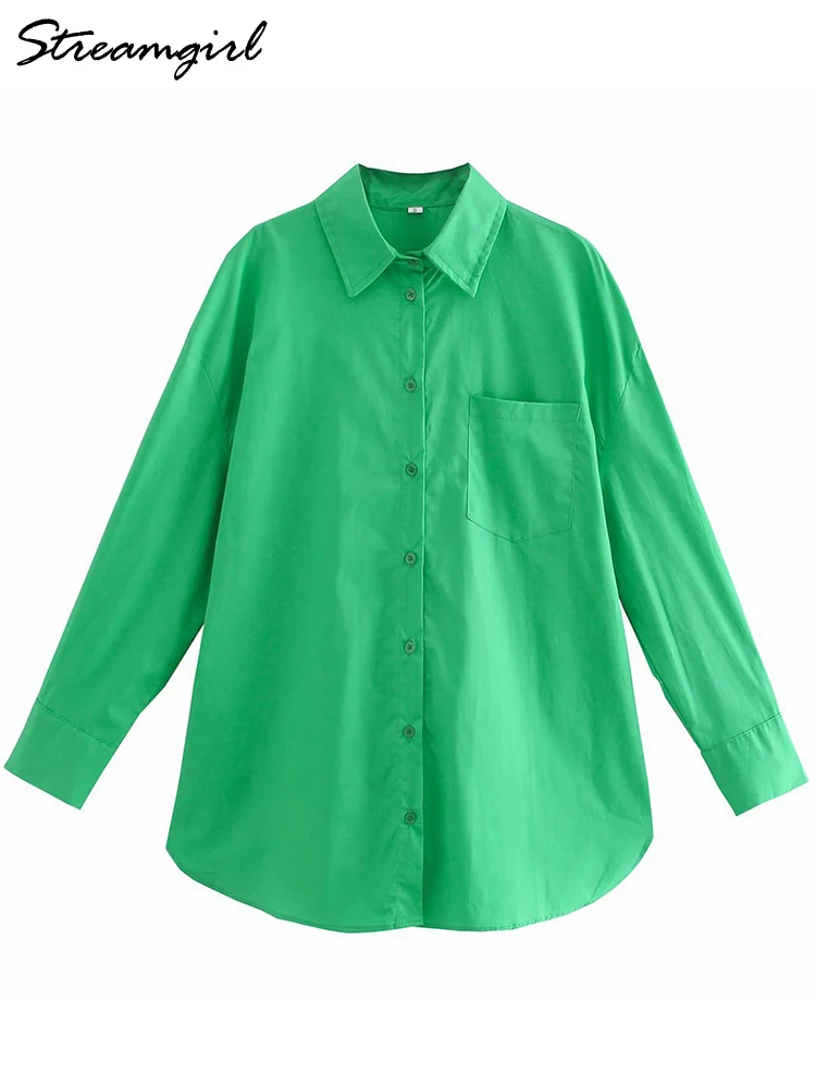 Autumn Long Shirts For Women 2022 Solid Loose Blouses With Button Casual Tops For Ladies Pink Oversized Boyfriend Shirts Green