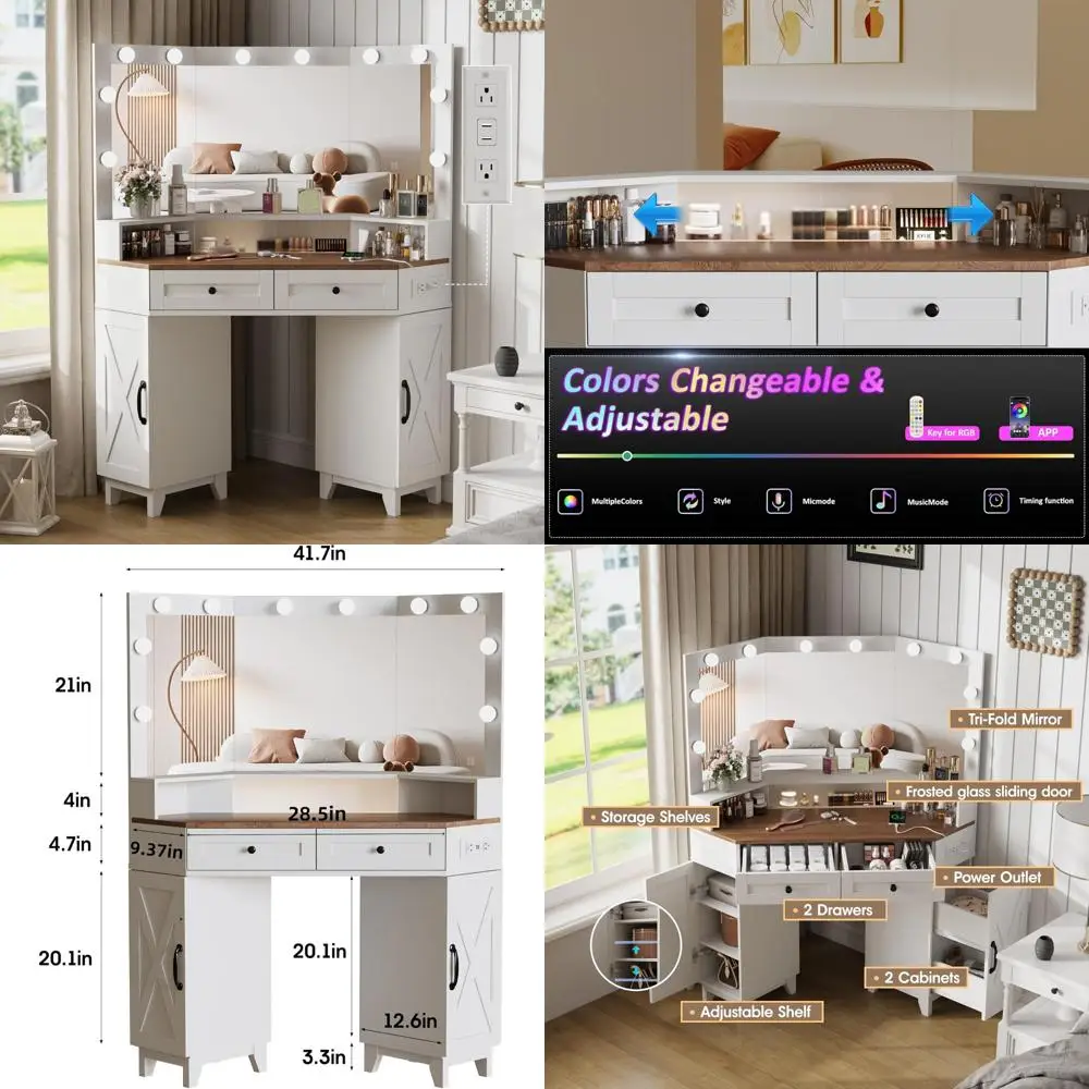 

Rustic Corner Vanity Desk with Illuminated Mirror and Charging Port, Featuring 2 Drawers, 2 Cabinets, and Adjustable Features