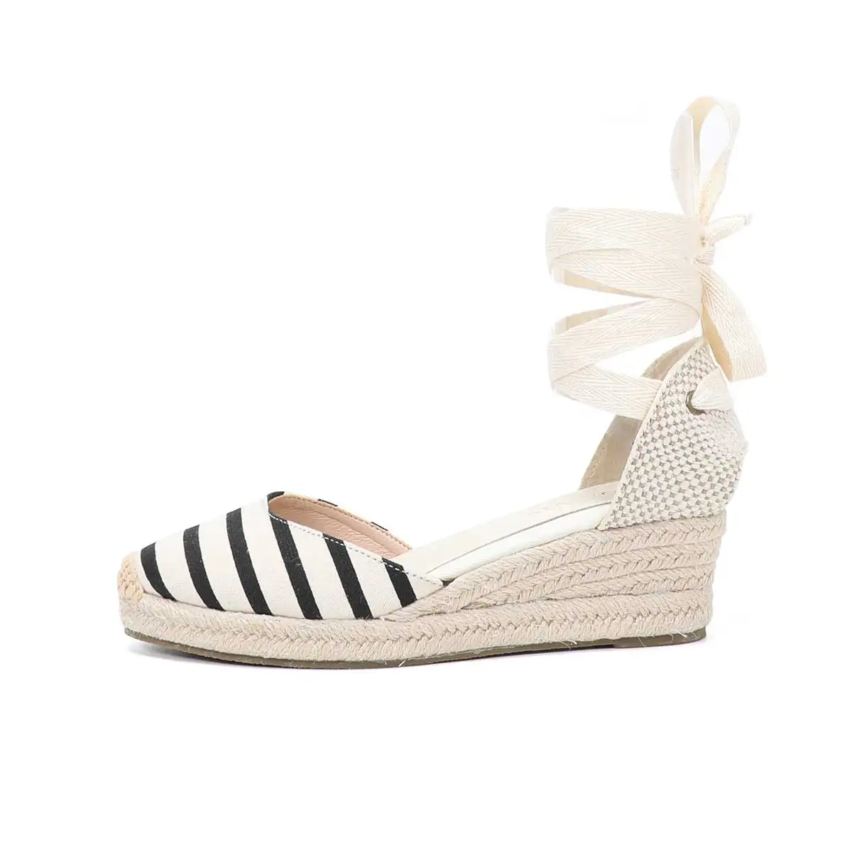 2022 Women\'s Wedge Low Heel Sandals Promotion Striped 0-3cm Casual Canvas Covered Sapato Feminino Sandalias Mujer