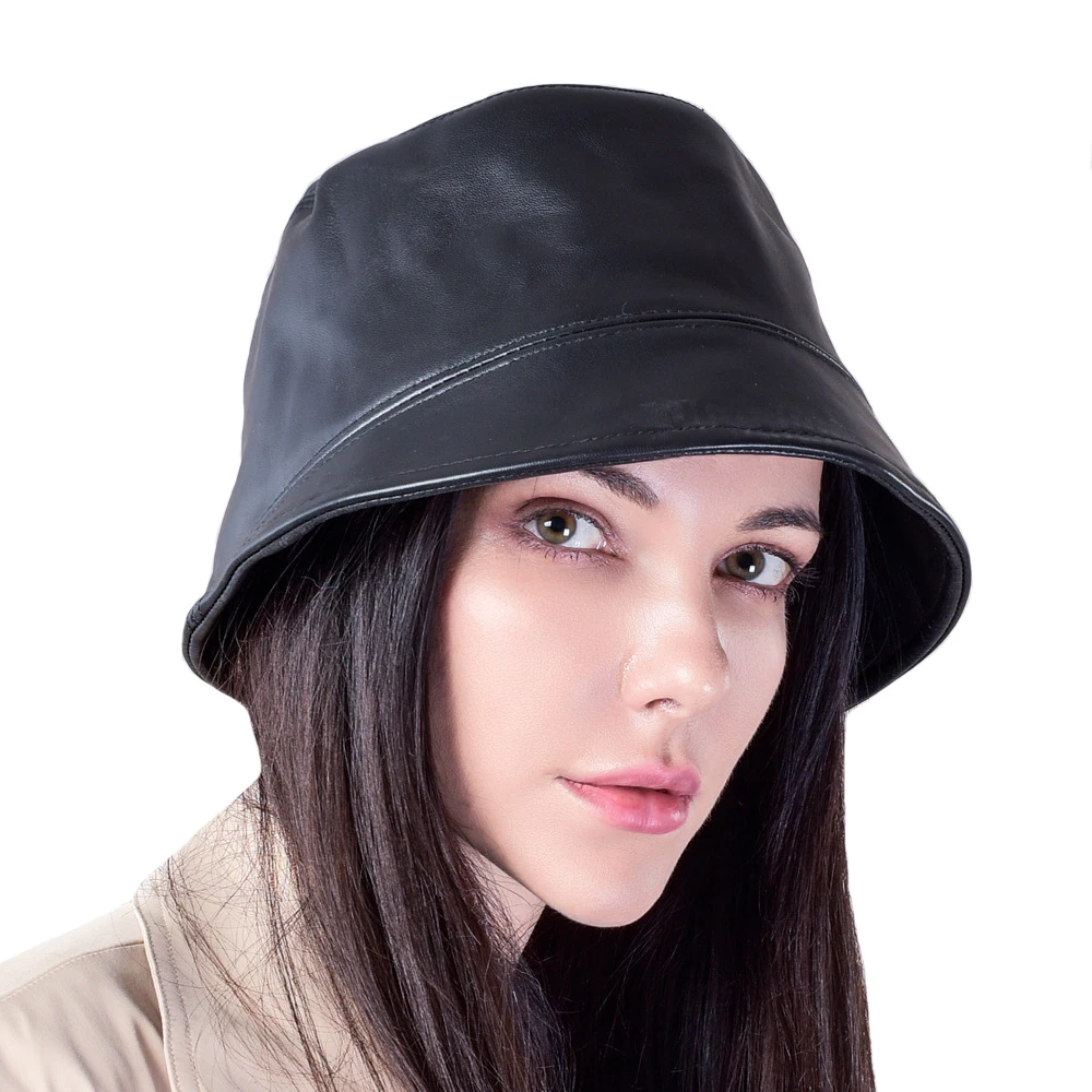 Spring & Autumn Leisure Genuine Leather Bucket Hat Women's Sheep Skin Fisherman Hat Elegant Sun Shade Hat IL00694