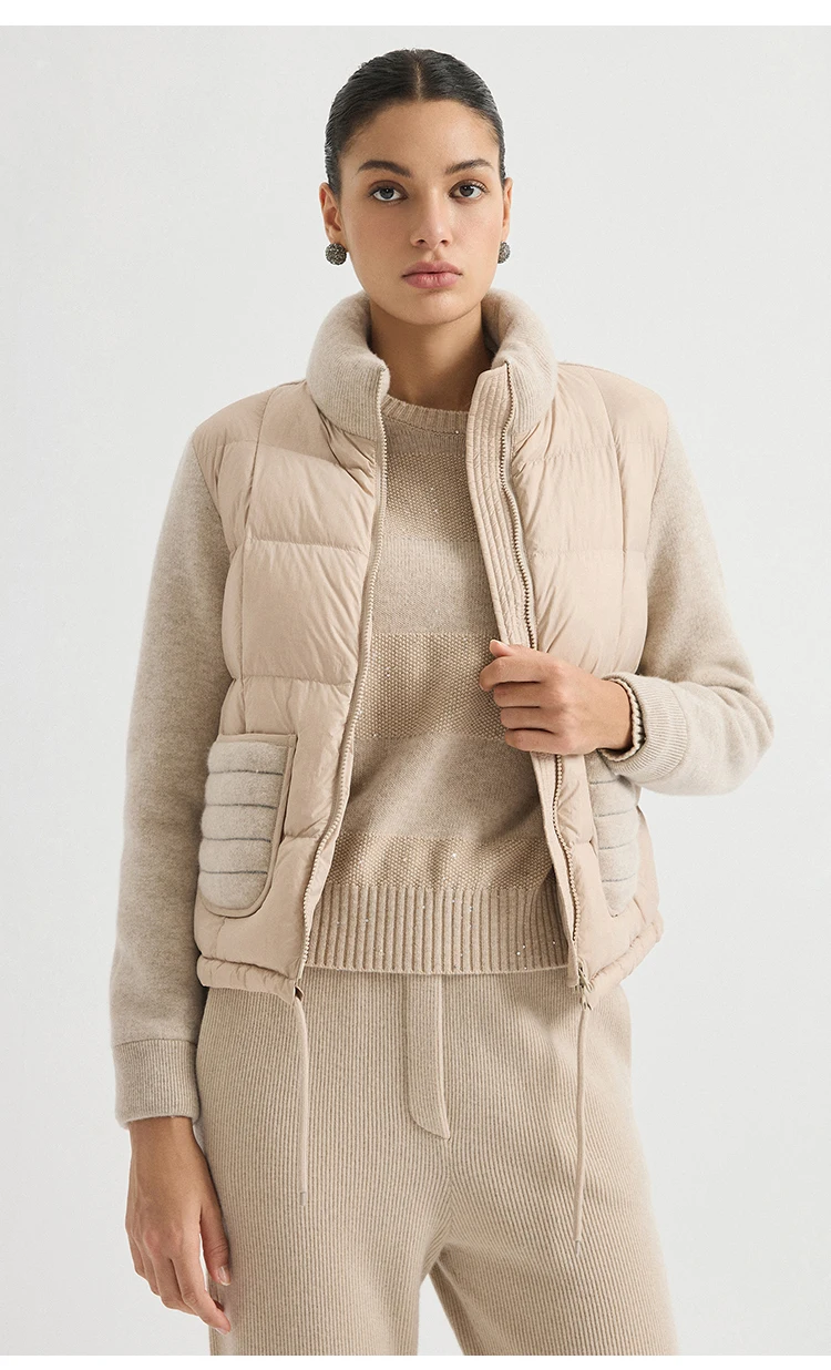 BD3621736 Women's Pure Wool Knit Hybrid Goose Down Jacket Chain Trim Pockets Stand Collar Two-Way Zip Old Money Early Autumn