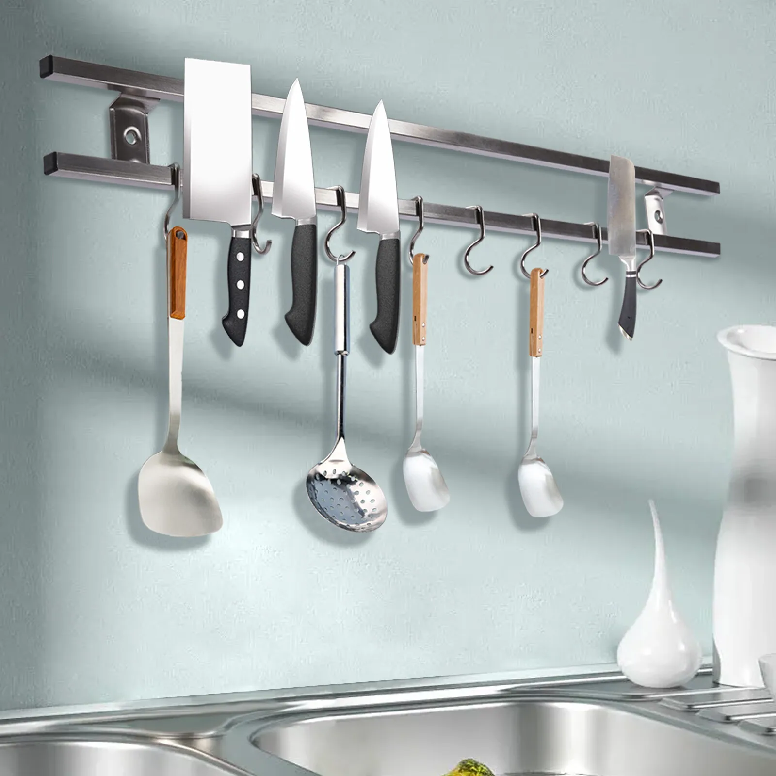 

Magnetic Knife Holder, 304 Stainless Steel, 24-Inch Length, Removable Hooks, Safe for Kitchen