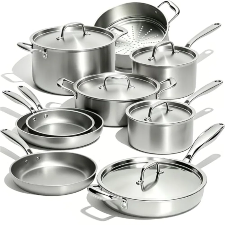 

Stainless Steel Cookware Set for Induction Cooking, 5 Ply 14 Piece Pot and Pan Set in Silver, Heavy-Duty Chef Quality, Oven Saf