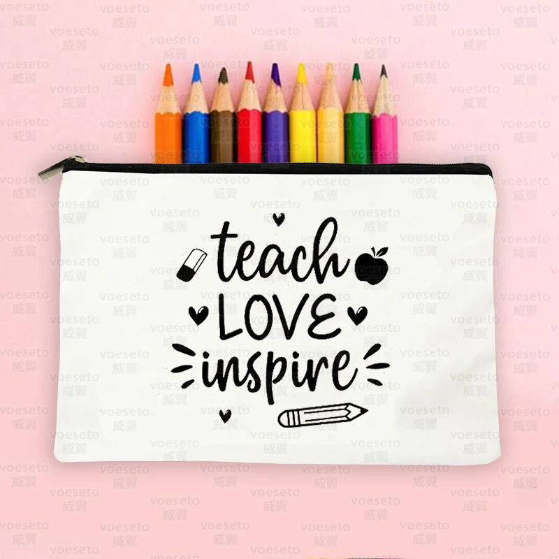 teacher love inspire Printed Makeup Bag Pencil Case School Stationery Supplies Storage Bag Travel Wash Pouch Gifts for Atsem