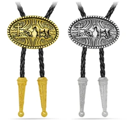 Western Cowboy Bolo Tie for Men Cross Cowboy Horse Pattern Oval Pendant Necktie Leather Rope Necklace Accessories Women Jewelry
