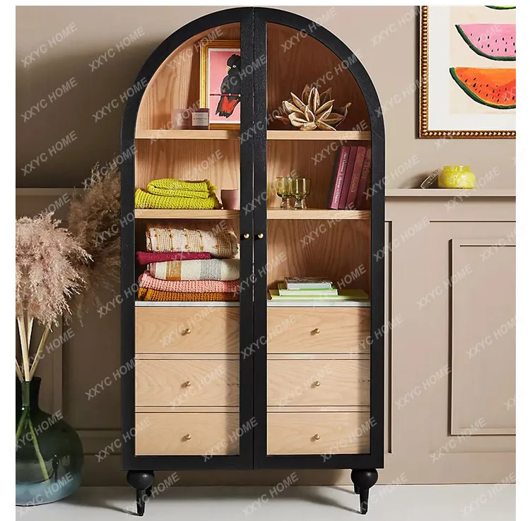 

L solid wood bookcase light luxury distressed simple curved decorative wine cabinet