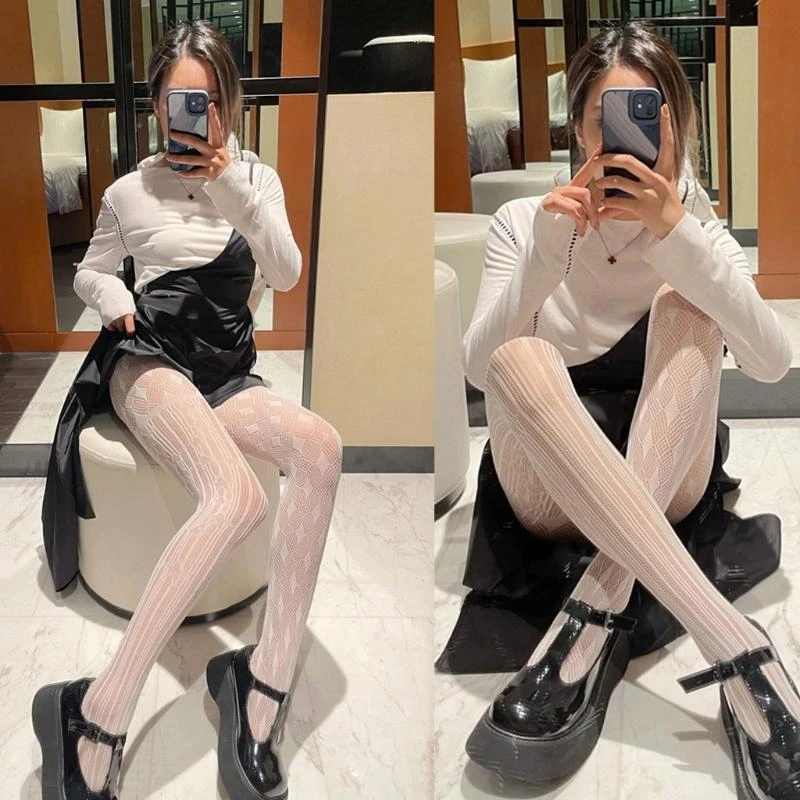 Women Harajuku Sexy Sheer Mesh Pantyhose Gothic Punk Asymmetrical Star Diamond Pattern Tights Hollow Out 15UB