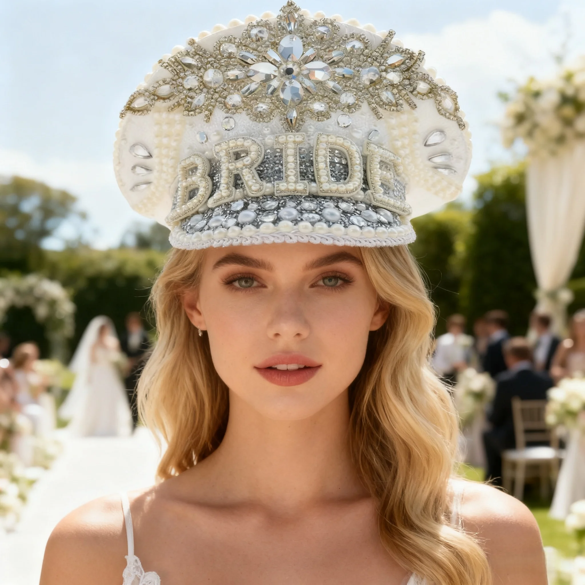 HongLuan Luxury White BRIDE Captain Hat Rhinestone for Wedding Festival Woman, Vintage Military Accessories & Military Cap