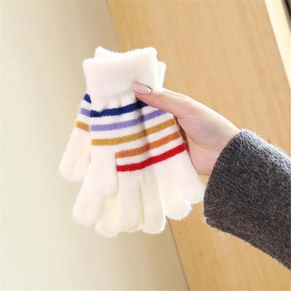 Cozy Rainbow Striped Knit Gloves with Small Openings on Fingers Winter Warm Students Gloves Unisex Touchscreen Gloves