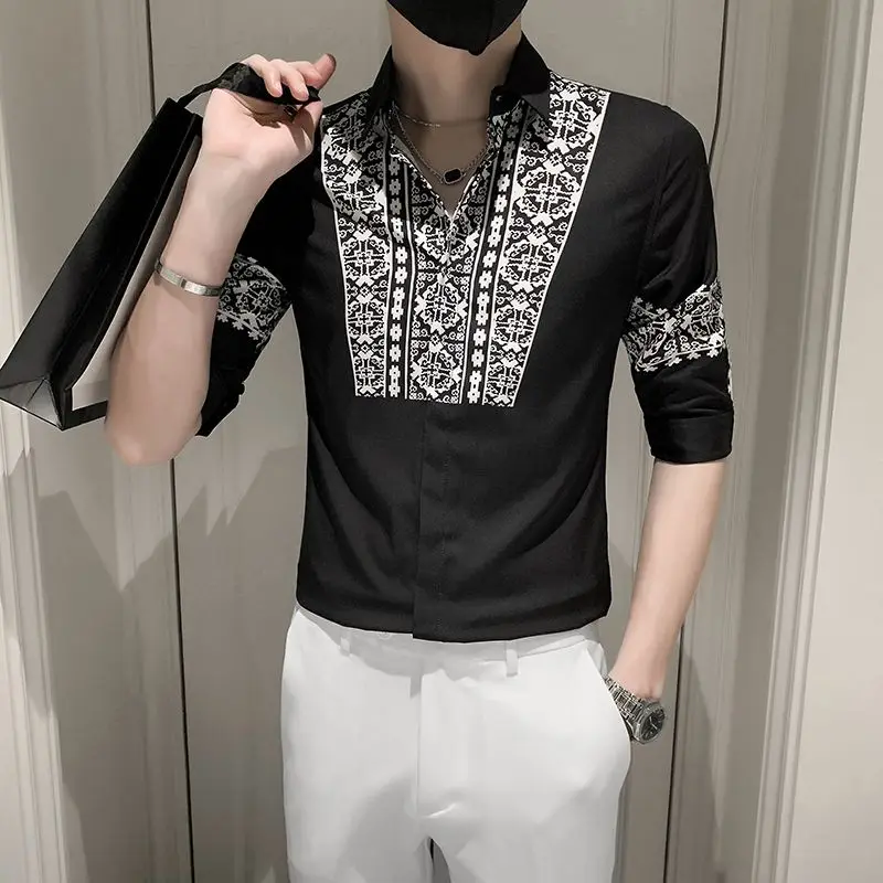 Fashion Lapel Spliced Half Sleeve Printed Shirts Men\'s Clothing 2023 Summer New Oversized Casual Tops Loose Korean Shirt