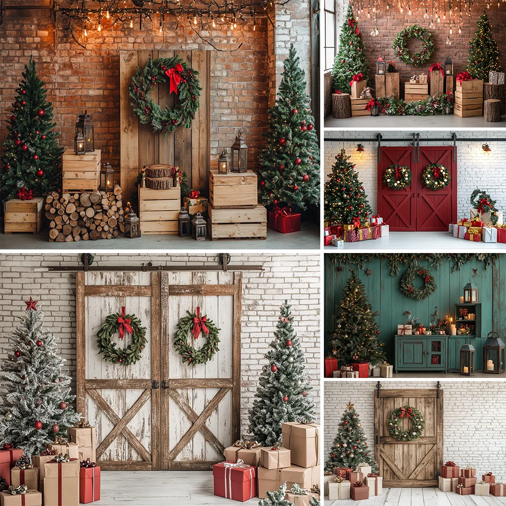 Christmas Tree Room Background Photography Green Xmas Wreath Wooden Gift Booth Backdrop Kids Family Photo Studio Props