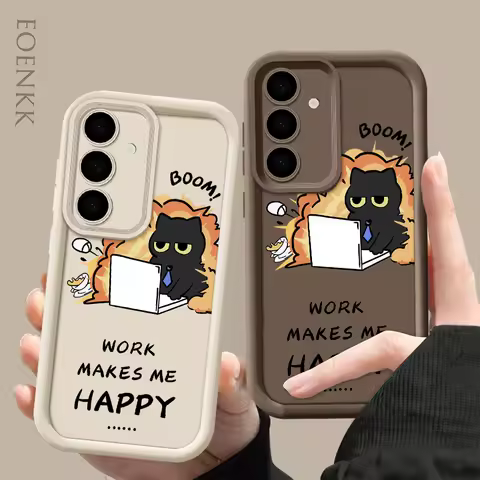 Happy working cat Phone Case For Samsung Galaxy S25 S22 S21 S23 S20 S24 FE A35 A25 A55 Note 20 Plus Ultra Lens Protection Cover
