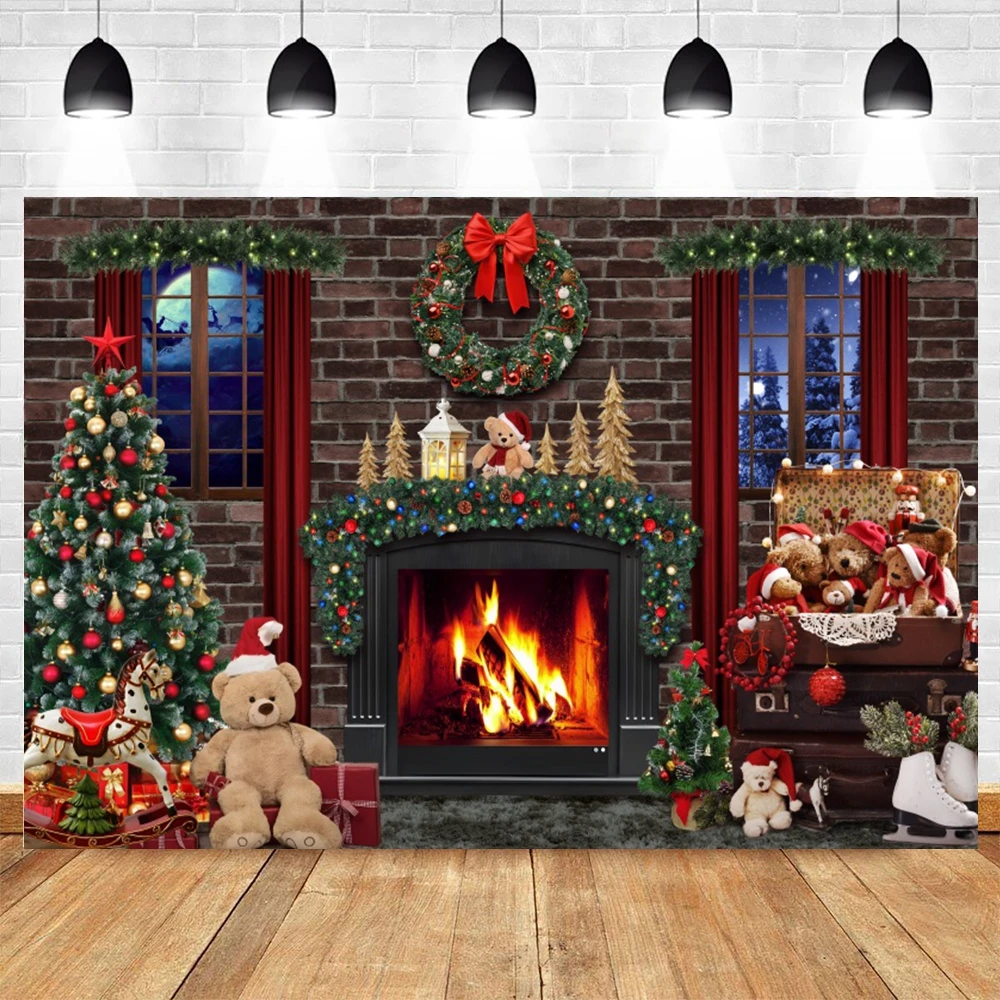 Christmas Fireplace Background for Photography Winter Xmas Wooden Window Tree Gift Party Decor Backdrop Portrait Photo Studio