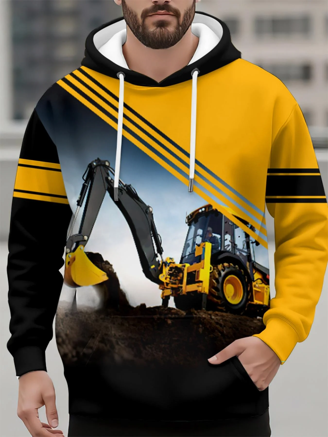 3D Printed Truck Excavator Graphic Men's Hoodies Autumn Vintage Pattern Long Sleeve Sweatshirt Stylish Loose Comfortable Clothes