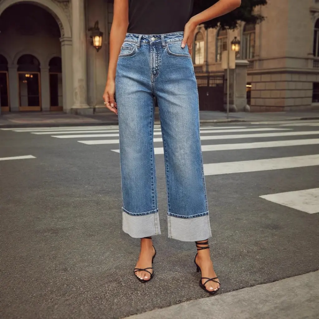 Calça jeans feminina de cintura alta retrô enrolada reta primavera calças de alta qualidade elástica de