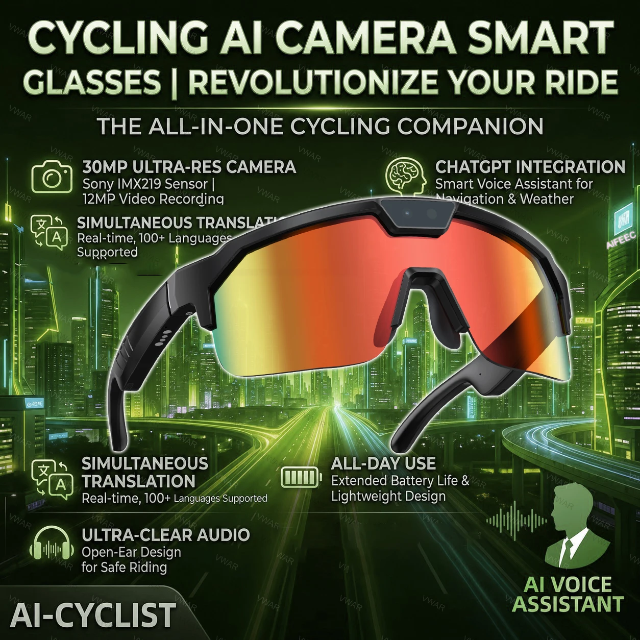 

Smart Glasses with 4K HD Anti-Shake Camera & 3D Stereo Speakers Polarized UV400 Sport Sunglasses Bluetooth AI Outdoors Video POV