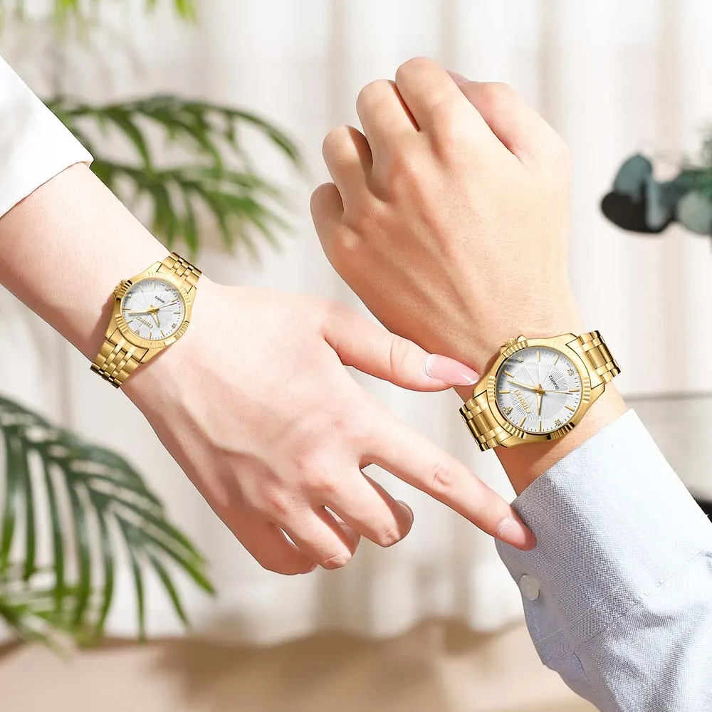 CHENXI  Couple Watches for Men & Women Gold Plated with Diamonds Business Style Quartz Watch Waterproof  Gift for Couple