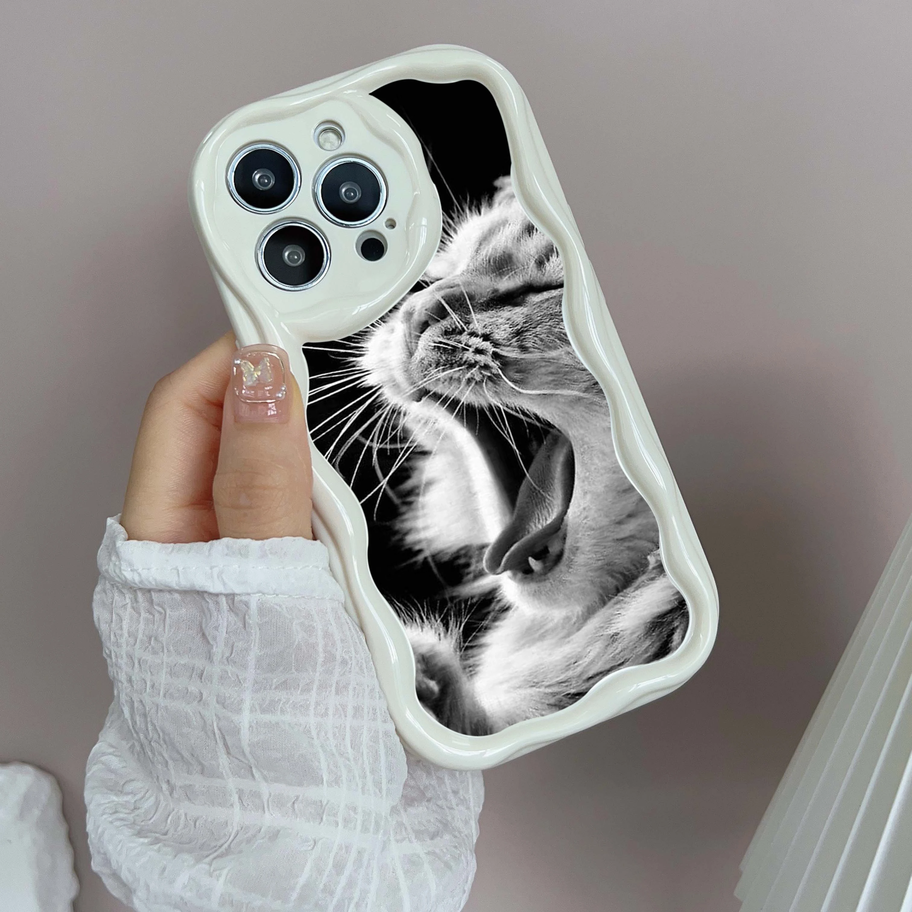 for iPhone 16 Pro Max Phone Case Cream pattern Wave edge TPU Soft Phone Cases for iPhone 16 Plus SS12 Cool cat Black Art