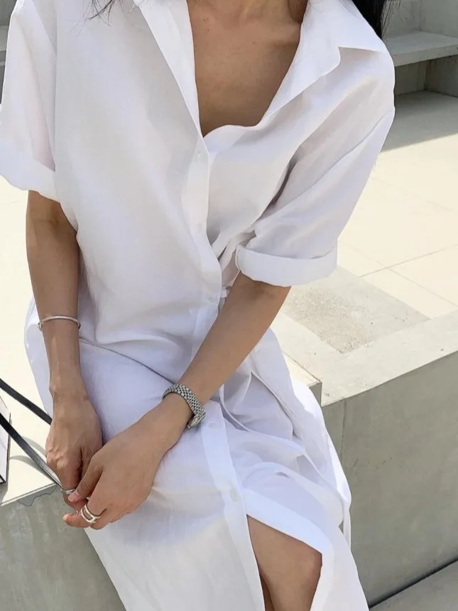 Faionable Pure Color irt Dr Dames Zomer Afslanken Zijknop Taille Cinch Ontwerp Halflange Rok Kraag Lange S...