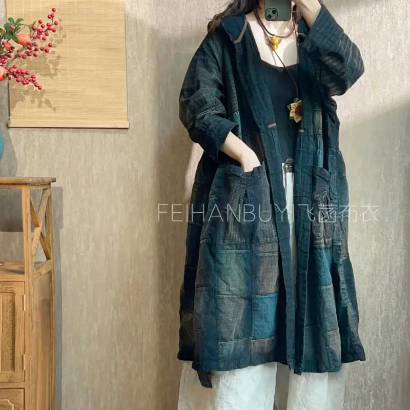 Spring Autumn New Arts Style Women Long Sleeve Loose Trench Coat High Quality Cotton Linen Single-breasted Hooded Long Coat F086