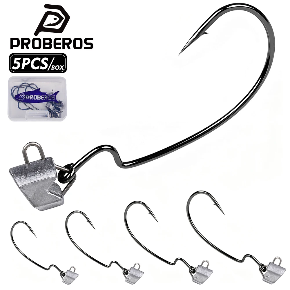 PROBEROS 5PCS/Box Triangle Lead Sinker Offset Hooks Wide Gap Worm Hooks Sharp Barbed Soft Lure Jig Saltwater Bass Fishing Hooks