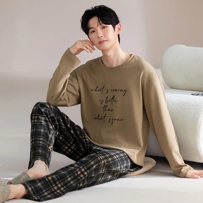 

High Quality Spring and Autumn Men 100% Cotton Pajamas Set Fashion Casual Sleepwear Suit Loose Home Wear