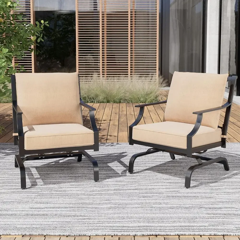 2-Piece Beige Outdoor Patio Cushioned Motion & Stationary Rocking Chair Set