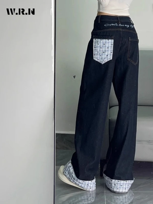 2025 Summer Sweet Vintage Style Jeans Women's Casual Plaid Print Mop Full Length Pants Y2K Harajuku Street Baggy Denim Trouser