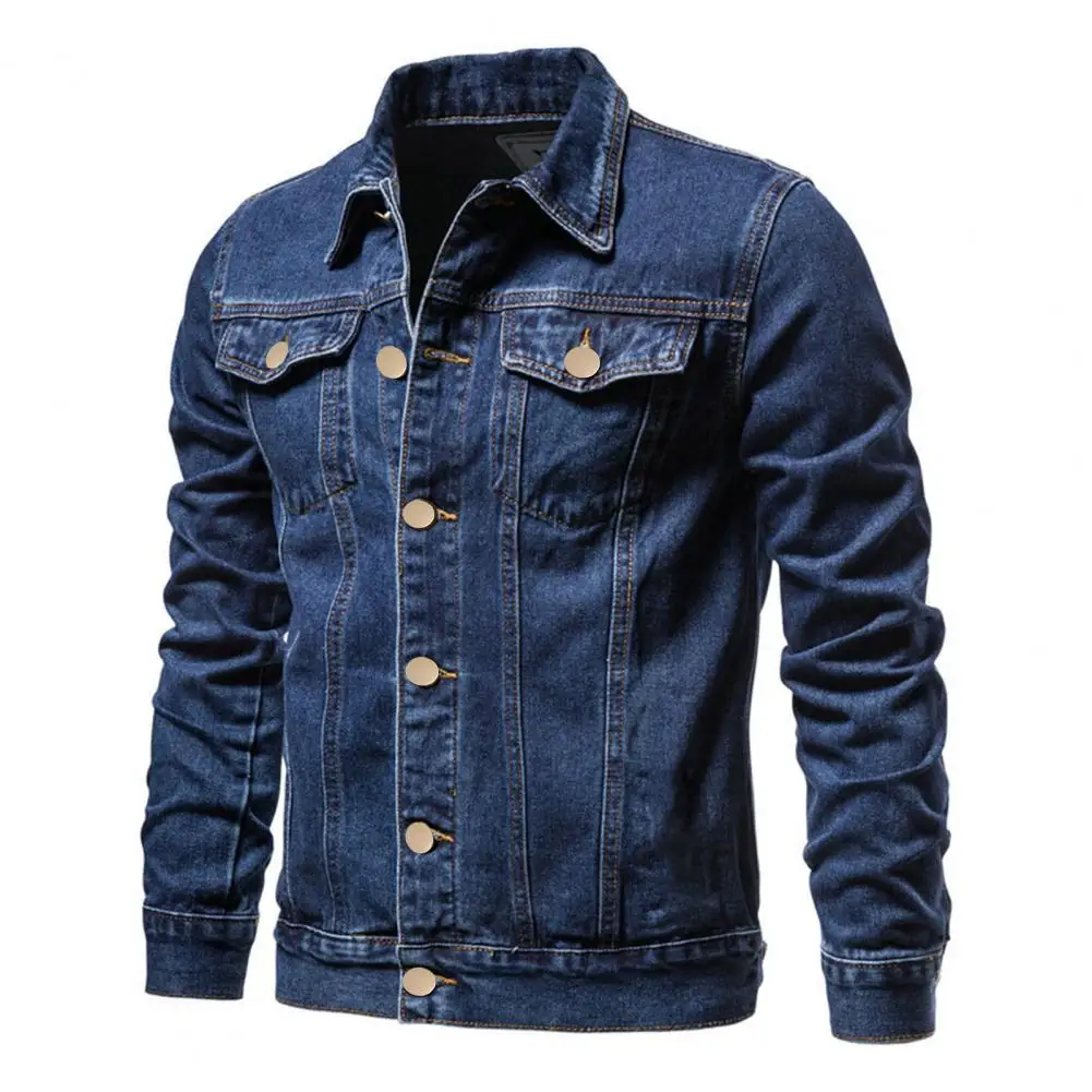 Men Denim Jacket Slim Fit Lapel Style Solid Color Single Breasted Motorcycle Riders Jeans Jacket Cotton Casual Black Blue Coats