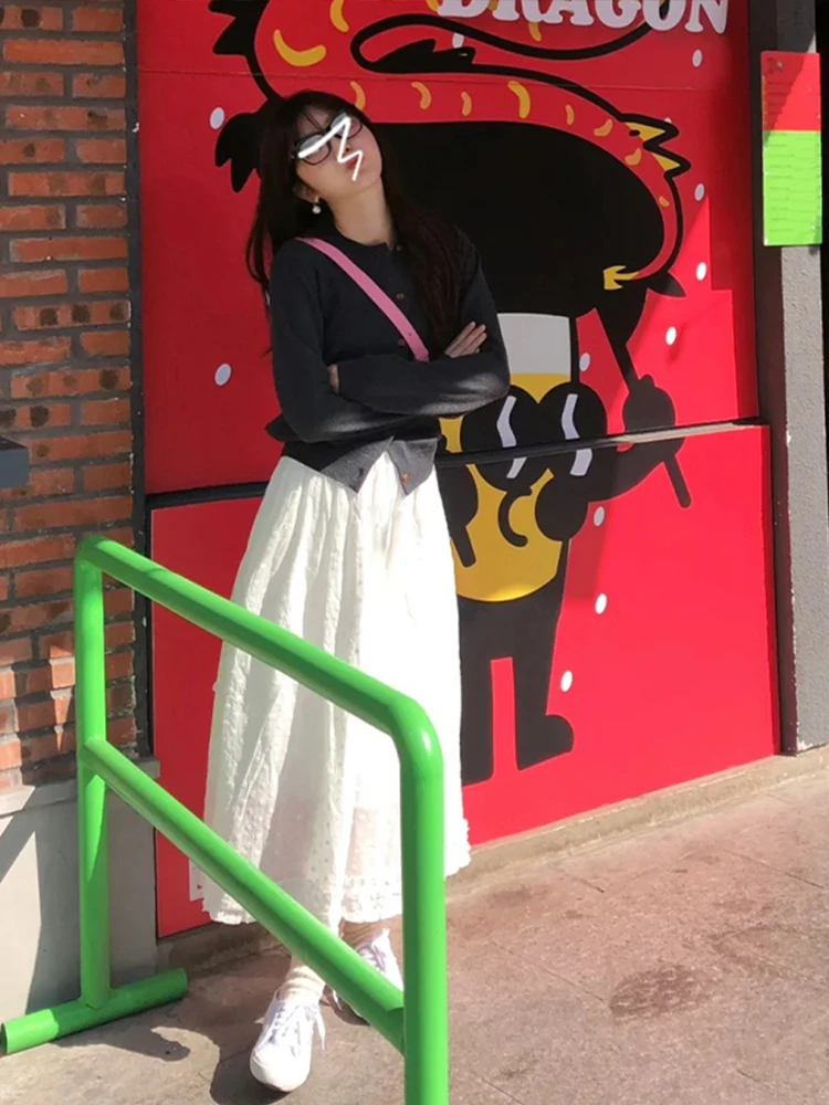 

Ele White f-length Skirt Women's High-waist A-line Korean Sle Cotton Mid-length Summer New Arrival