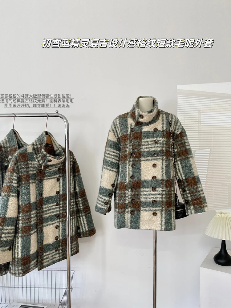 Women's Plaid Cashmere Coat Jacket Loose Retro Long Wool Outerwear Long Sleeve Warm Overcoat Korean Vintage Winter Autumn 2024