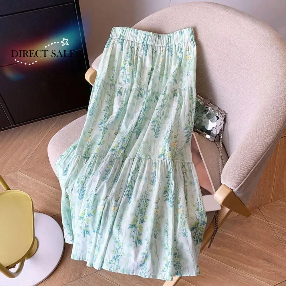 

Chic High Waist Floral Long Skirt Women Thin Patchwork High Waist Long Skirt Ins Style Flower A-line Tiered Skirt Party
