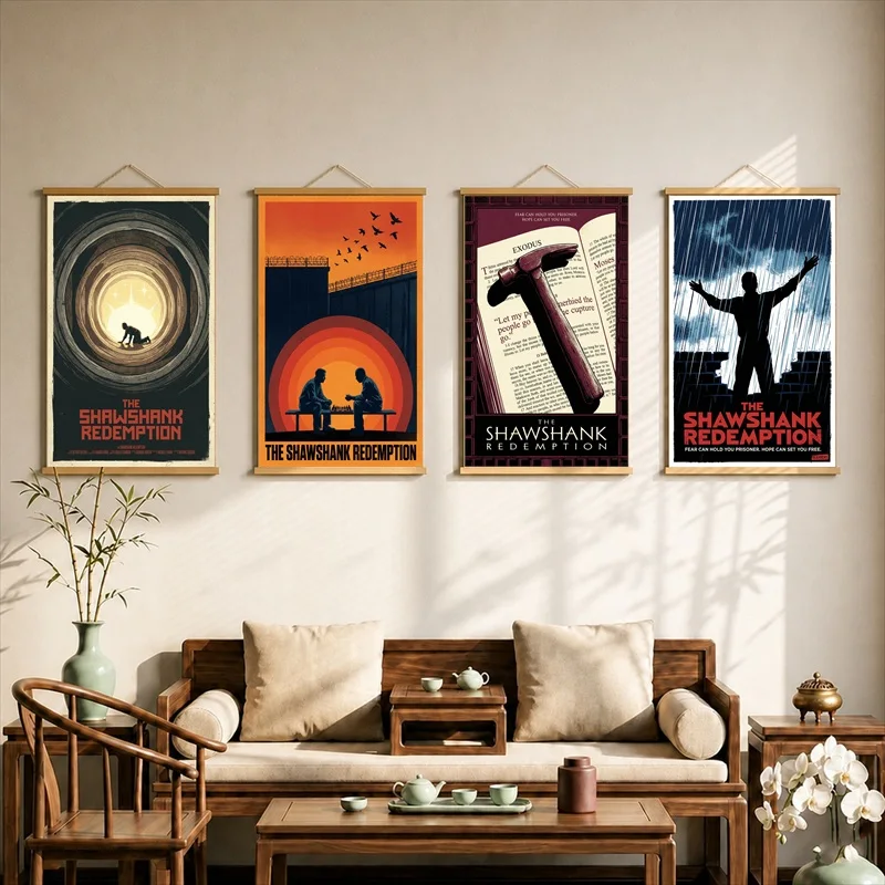 Hope and Freedom Cinema Canvas Wall Art Hanging Scroll Inspirational Movie Style Print with Wooden Rods for Room Decor