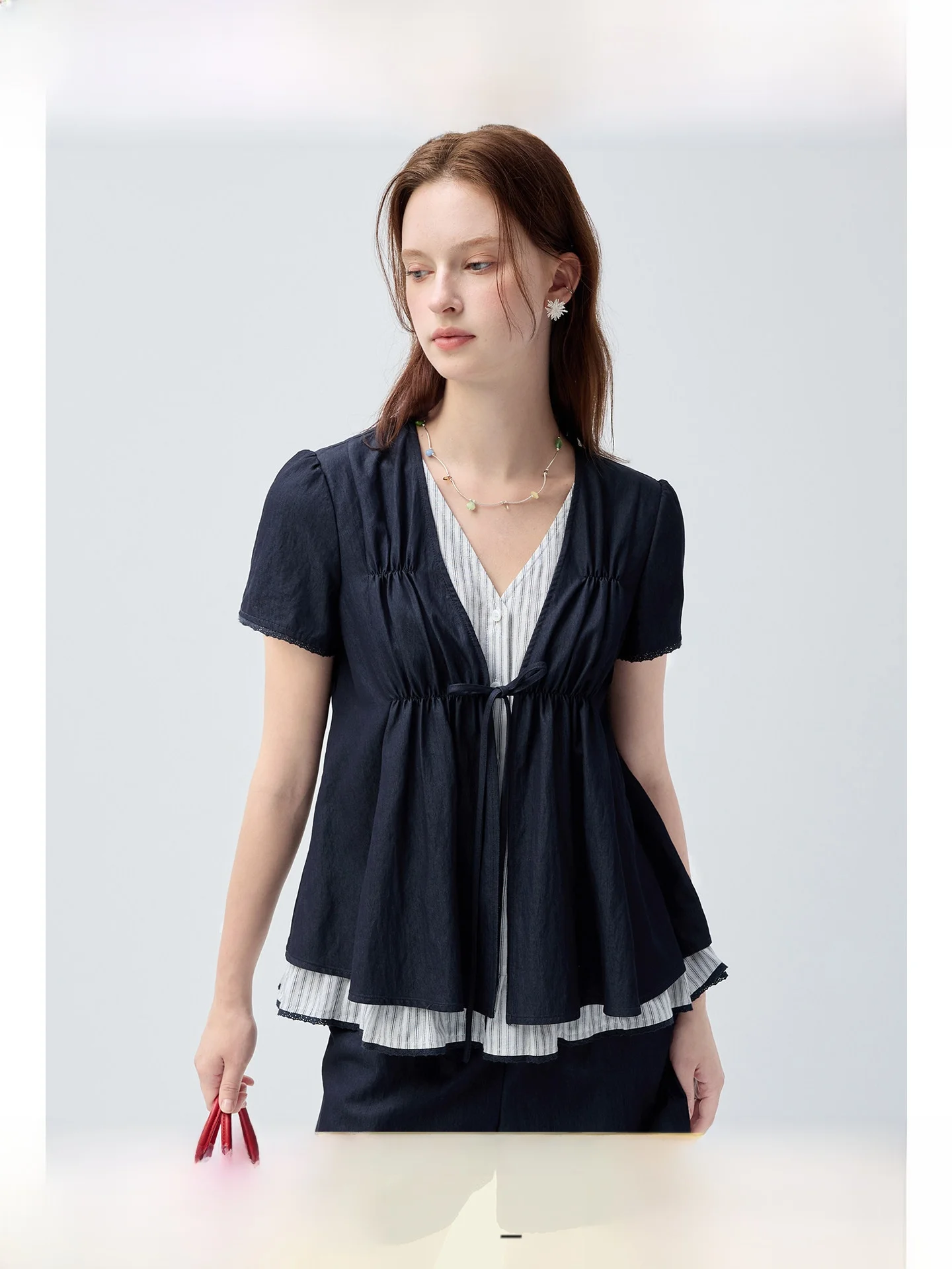 

plus Size Women's V-Neck Short Sleeve Slimming Top T-Shirt Casual Style Drawstring Waist Fashionable Summer New Arrival