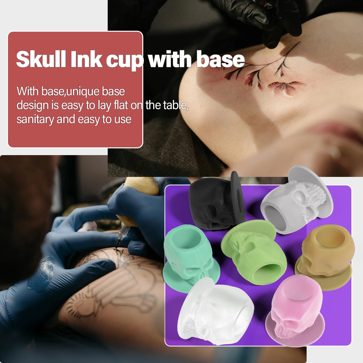 100Pcs Disposable Tattoo Silicone Skull Ink Cup Permanent Makeup Pigment Holder Container Cap Tattoo Ink Accessories for Artist