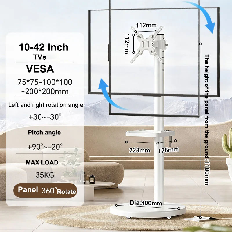 حامل تلفزيون متحرك على عجلات لأجهزة التلفاز ذات الشاشة المنحنية المسطحة مقاس 10-42 بوصة، عربة تلفزيون متنقلة قابلة للتعديل مع رف/صينية VESA 200 × 200 مم