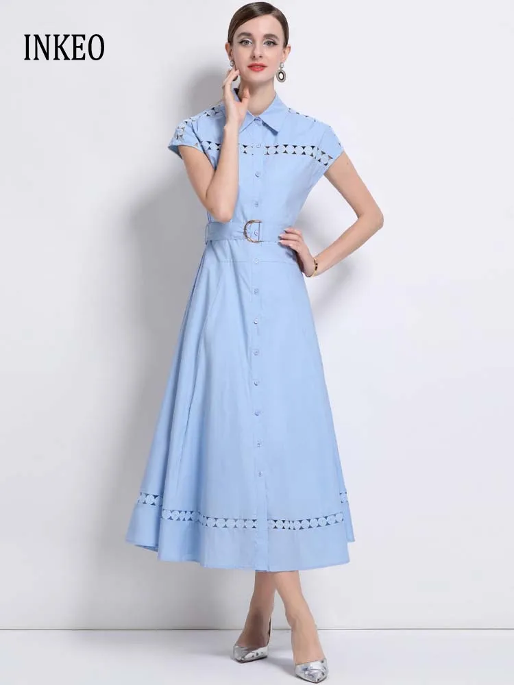 

Basic Women Short sleeve dress with belt 2025 Summer Beach Lace patchwork hollow out Midi dresses White blue purple INKEO 5D131