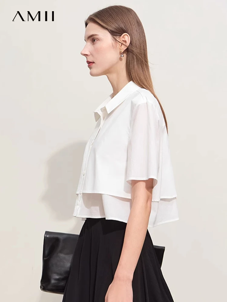 Amii Minimalism 2024 Summer New Cotton Shirts For Women Commuter Lapel Female Short Sleeve Short Loose Spliced Blouses 12442045