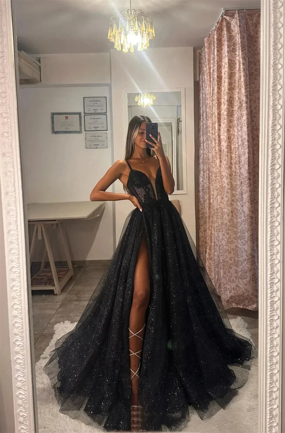 Sansa Black Shiny Prom Dress Spaghetti Strap Side Split Vestidos De Noche Deep V-neck Gliiter Black Wedding Dress 2024