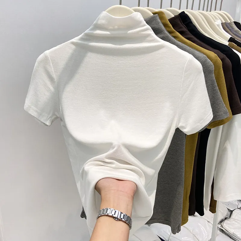 Elegant Semi-High Collar Short Sleeve T-Shirt Women's Slim Fit Base Shirt Spring Summer Autumn New Style Casual Cotton Blend